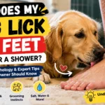 Why does my dog lick my feet after a shower? Dog licking owner's wet feet after shower.