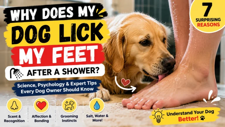 Why does my dog lick my feet after a shower? Dog licking owner's wet feet after shower.