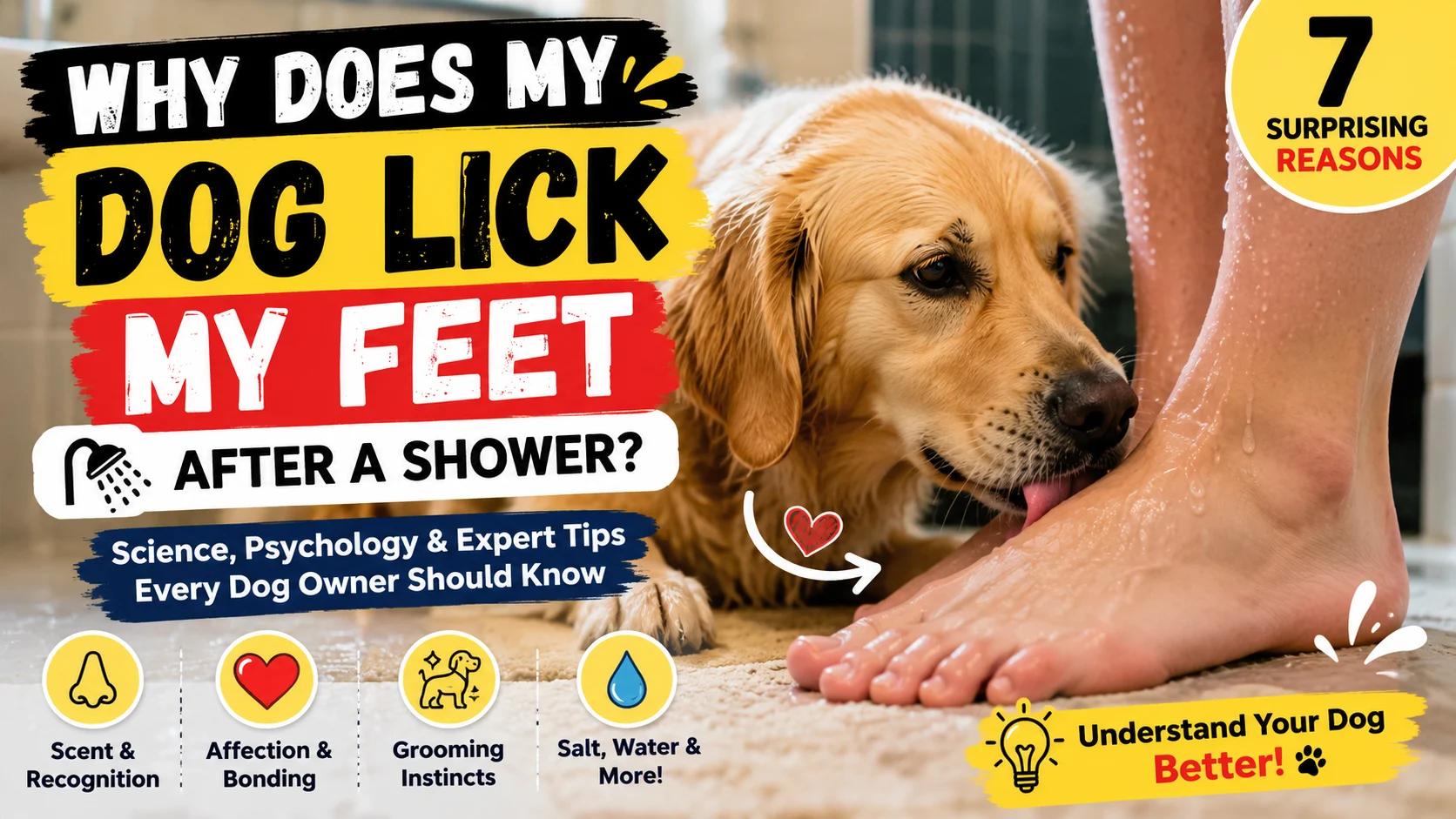 Why does my dog lick my feet after a shower? Dog licking owner's wet feet after shower.